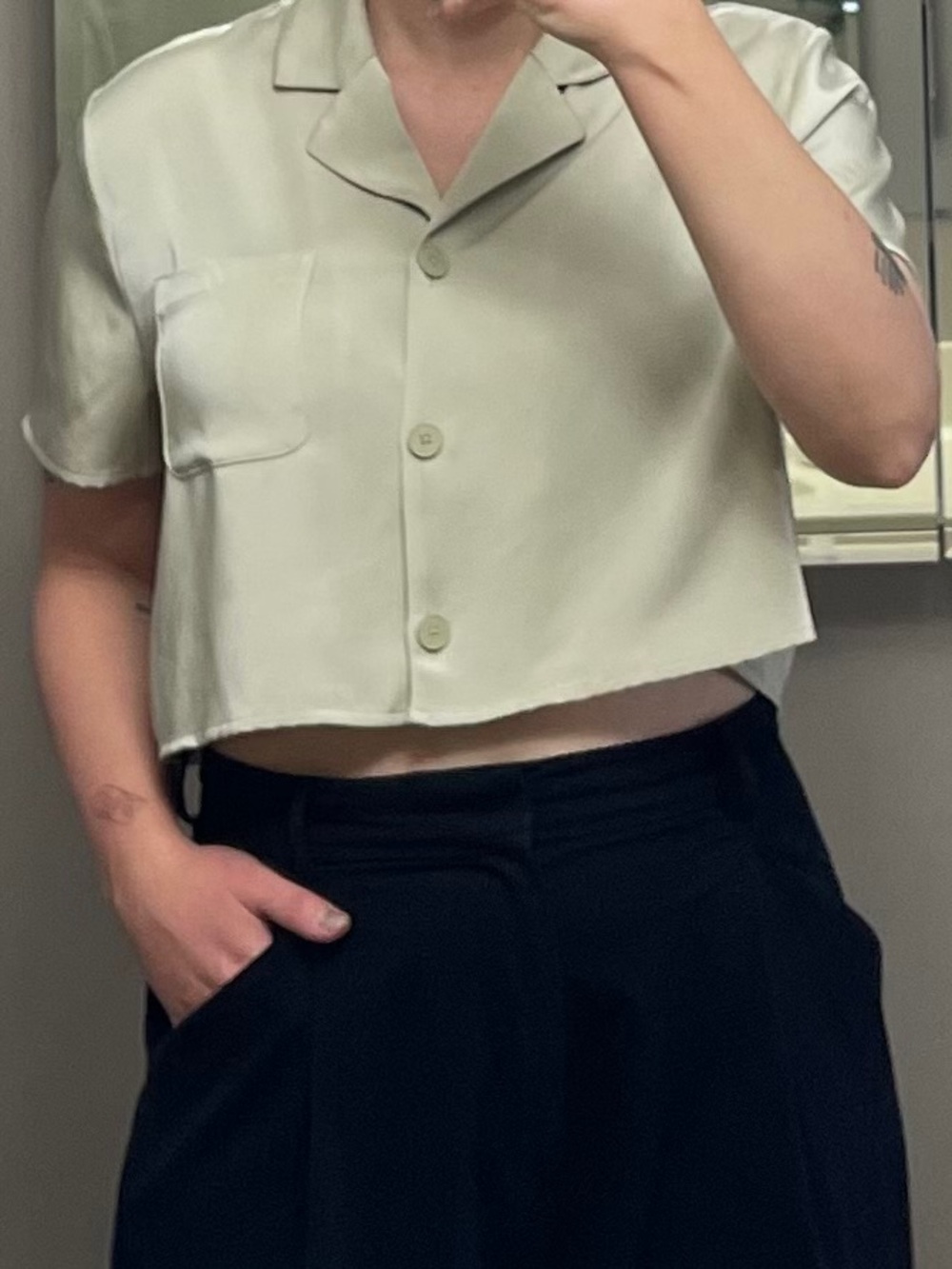 OAK + FORT Cropped Short Sleeve Button Shirt in Pale Sage